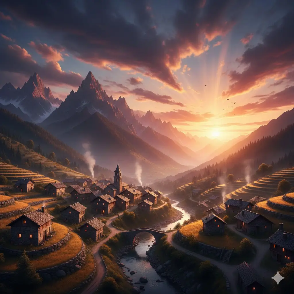 AI se photo kaise banaye फ्री में, Prompt कैसे लिखें, पूरा step by step tutorial A beautiful sunset image of a mountain village My first AI image