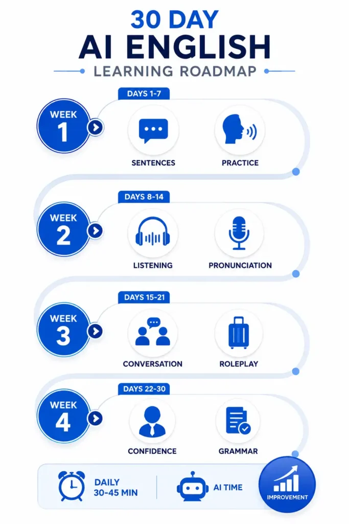 30 Day AI English Learning Roadmap infographic with blue and white design, weekly AI English learning plan, speaking practice, listening skills, pronunciation improvement, conversation roleplay, grammar practice, daily AI study routine, English learning roadmap for beginners.