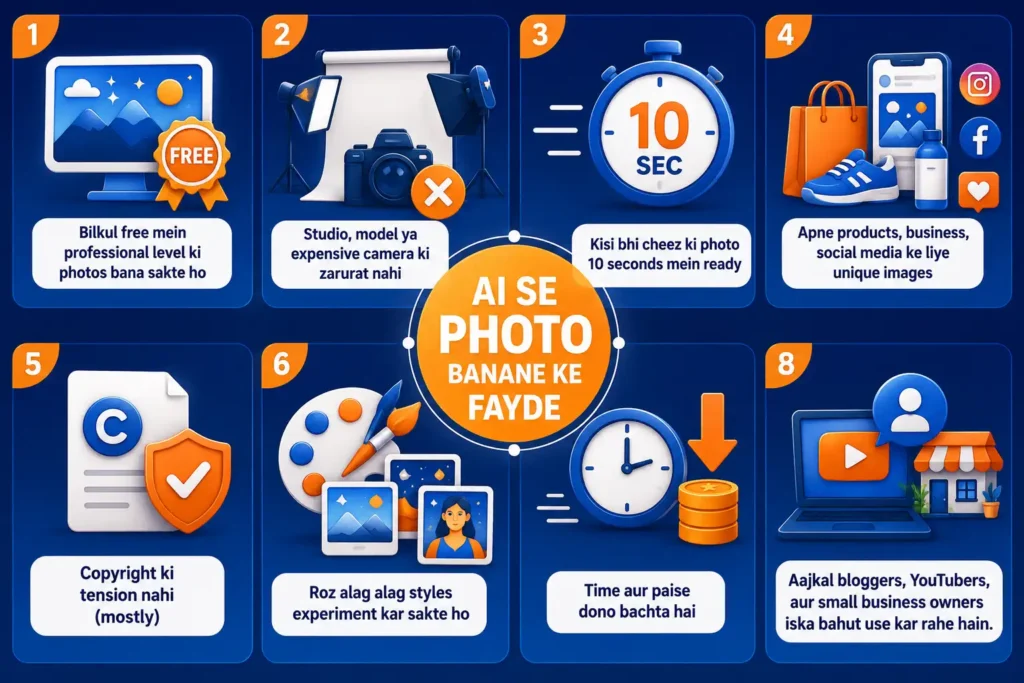 AI Se Photo Banane Ke Fayde infographic showing benefits of AI image generation, free professional photos, no camera or studio required, create images in 10 seconds, social media and business graphics, copyright-friendly visuals, multiple creative styles, time and money saving AI tools for bloggers, YouTubers and small businesses