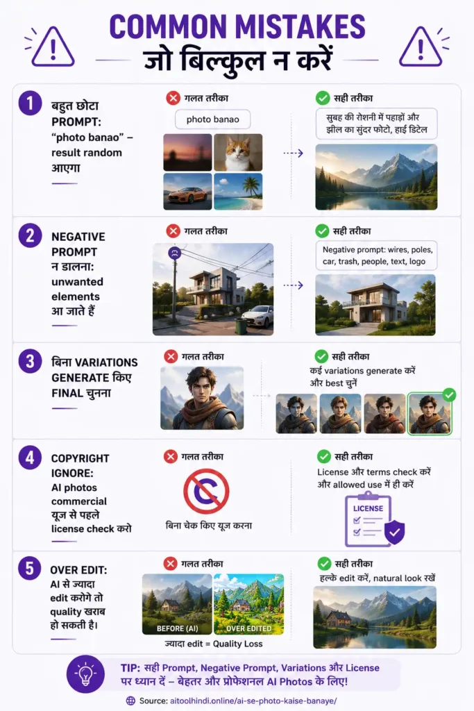 AI photo generation mistakes infographic in Hindi showing common errors such as using short prompts, skipping negative prompts, selecting images without generating variations, ignoring copyright licenses, and over-editing AI images, with practical examples and visual comparisons for better AI image creation